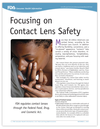 Image shows the first page of the printer-friendly PDF version of this article, including a photo of a woman puting a contact lens into her eye.