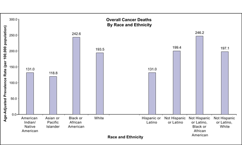 Figure 20 depicts data for the following eight racial/ethnic groups: (1) American Indian/Native American, (2) Asian or Pacific Islander, (3) Black or African American, (4) White, (5) Hispanic or Latino, (6) Not Hispanic or Latino, (7) Not Hispanic or Latino, Black or African American, and (8) Not Hispanic or Latino, White. The figure compares overall cancer deaths by race and ethnicity and shows that the age-adjusted prevalence rate per 100,000 population is greater in Not Hispanic or Latino Blacks or African Americans (246.2%), Blacks or African Americans (242.6%), Not Hispanics or Latinos (199.4%), and Not Hispanic or Latino Whites (197.1%) than in Whites (193.5%), American Indians/Native Americans (131.0), Hispanics or Latinos (131.0), and Asians or Pacific Islanders (118.8).