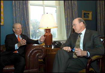 Photo of Secretary Snow During a Meeting Today at The Treasury Department with Secretary Baker