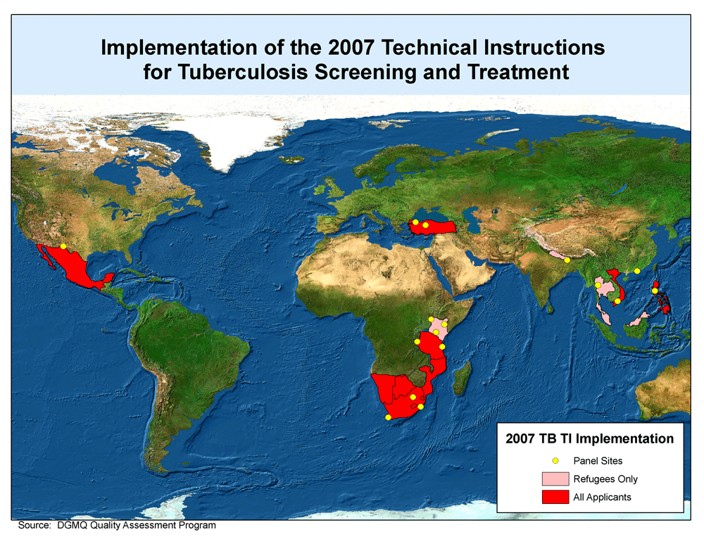 map showing the  countries implementing TB TI's