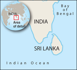 Map showing Sri Lanka off the coast of India and nearby Indian Ocean and Bay of Bengal.