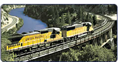 Freight train traveling on bridge over lagoons
in tropical landscape.