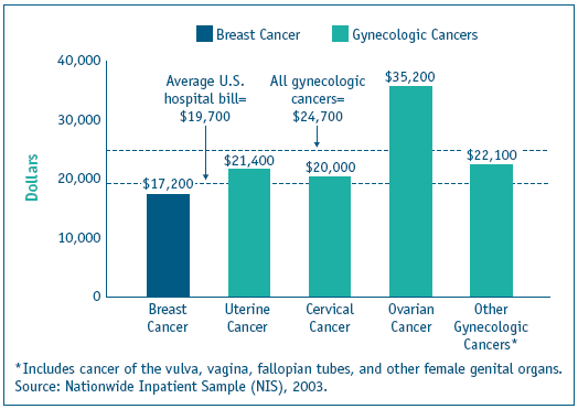 Bar chart shows cost in dollars by type of cancer: Breast Cancer, $17,200; Uterine Cancer, $21,400; Cervical Cancer, $20,000; Ovarian Cancer, $35,200; Other Gynecologic Cancers*, $22,100. All gynecologic cancers=$24,700. Average U.S. hospital bill=$19,700.