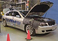The BMW Hydrogen 7 Mono-Fuel demonstration vehicle, a near-zero emissions car, undergoes testing at Argonne's Advanced Powertrain Research Facility