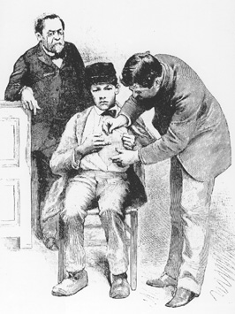 Black and white illustration of Louis Pasteur examining a seated patient while colleague observes.