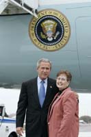 President George W. Bush met Charlotte Huber upon arrival in Philadelphia, Pennsylvania, on Thursday, October 21, 2004.  Huber, 65, is an active volunteer with Olivia’s House, a grief and loss center for children in York County.