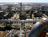 The Syncrude processing area is a vast oil sand processing plant in Fort McMurray, Alberta.