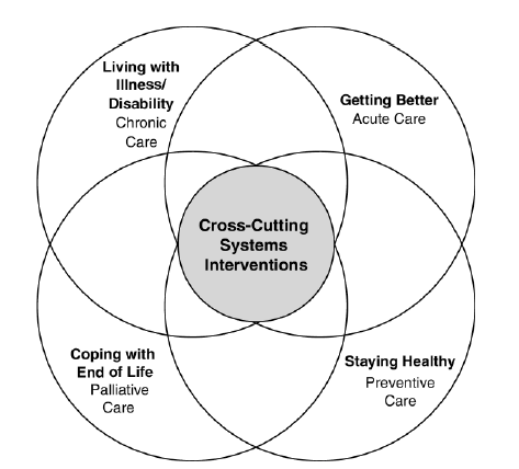 A graphical representation of cross-cutting systems interventions used to determine priority areas. The priority areas include the intersection of system interventions in preventive care, acute care, chronic care, and palliative care.