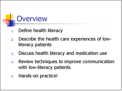 This slide shows an overview of what the presentation will discuss. For details, go to the Text Description [D].