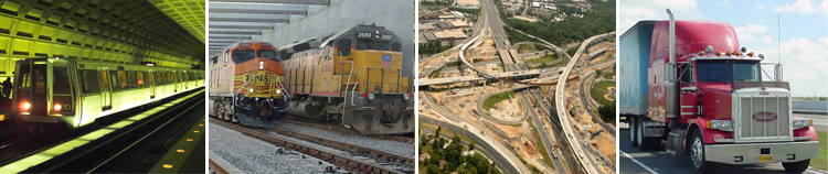 picture of subway, trains, highway interchange and truck