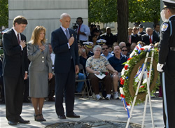 Acting Attorney General, Peter Keisler; Martha Wood, Law Enforcement Survivors Representative; Secretary Chertoff standing before the wreath at the 16th annual wreathlaying ceremony. (DHS Photo/Bahler)