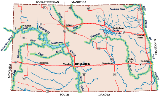North Dakota State Map with Canoeable Rivers Highlighted