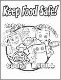Thumbnail image of page to color - Keep Food Safe, characters for clean, separate, cook, and chill