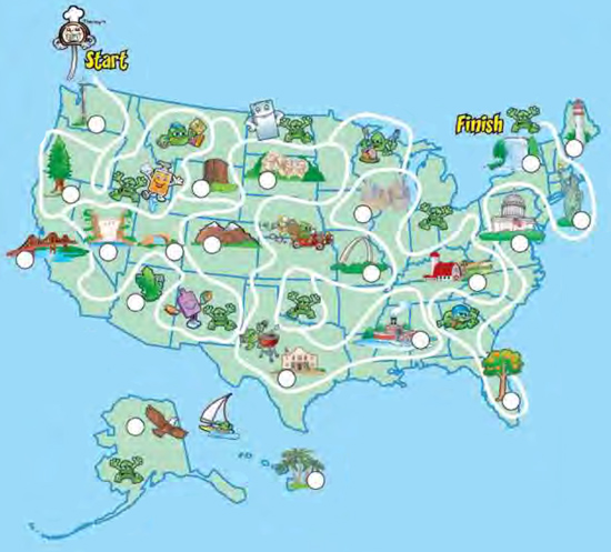Activity - Map of USA, with a maze, pictures of BAC characters
 and various landmarks as listed  below.
