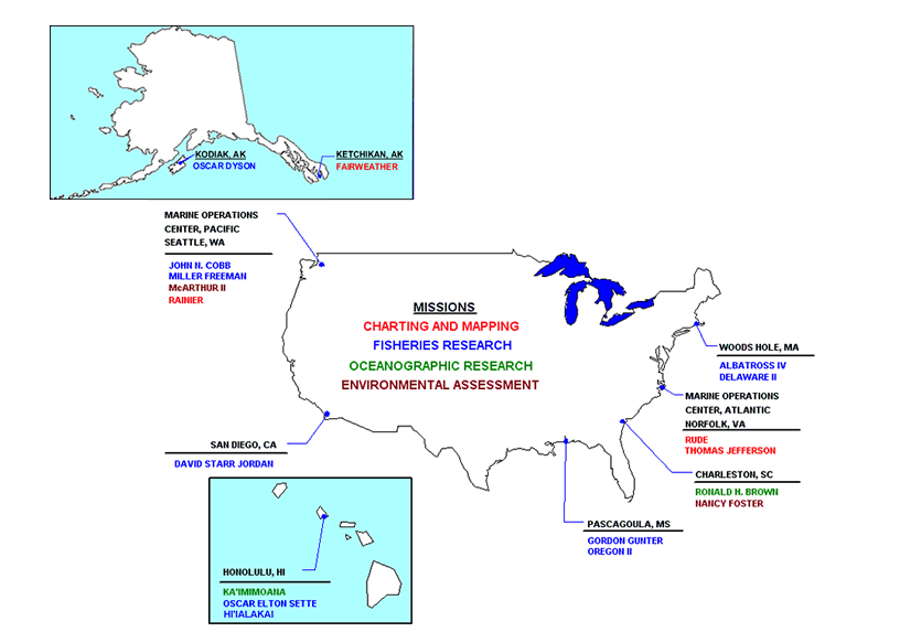 Map of the United States depicting NOAA ship homeport locations.
