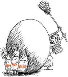 Cartoon of a woman chasing Salmonella germs away from a very large egg with a broom.