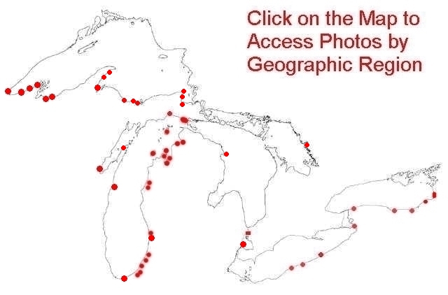 Image Map of Great Lakes.  Click sites to access photo library by geographic location.  Alternative text links below