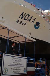 NOAA image of retired Navy Vice Admiral Conrad C. Lautenbacher Jr., undersecretary of commerce for oceans and atmosphere and NOAA administrator, who was the keynote speaker at the launch of the FSV Oscar Dyson at the VT Halter Marine shipyard in Moss Point, Miss.