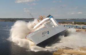 NOAA image of FSV (Fisheries Survey Vessel) Oscar Dyson being launched at the VT Halter Marine shipyard in Moss Point, Miss.