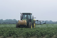 Tractor spraying a field