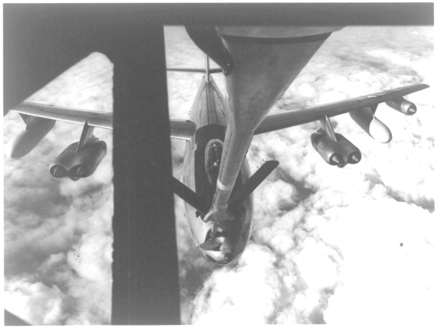 A B-47 Stratojet taking on a load of fuel. The B-47 Stratojet was the first jet-to-jet refueling tanker.
