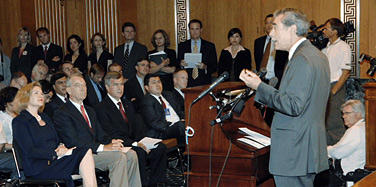 Secretary of Commerce Carlos M. Gutierrez speaks at a trade rally on Capitol Hill on September 10, 2007. He participated with other members of the cabinet in the launch of a campaign to pass pending trade agreements and to boost U.S. exports. (U.S. Department of Commerce photo)