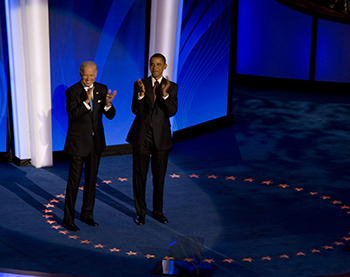 Image of Joe Biden and Barack Obama on stage