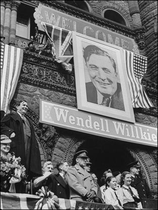   For Shlaes, Wendell Willkie represents the character who pulls her story together as a commonsense businessman treated unjustly by FDR’s administration. The onetime presidential contender is welcomed on a trip to Canada in 1941. 
			    —Photo by Ralph Morse. Getty Images   