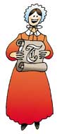 Cartoon woman holding a scroll with a "T" on it
