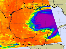 AIRS image of Ike indicating cold cloud tops and heavy precipitation