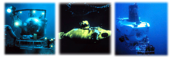 Various human occupied submersibles: Johnson Sea Link, Delta, and Alvin Submersibles