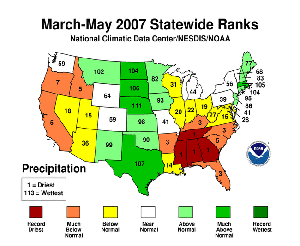 NOAA image of March - May 2007 statewide precipitation rankings.