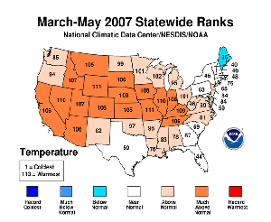 NOAA image of March - May 2007 statewide temperature rankings.