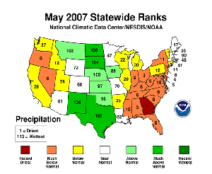 NOAA image of May 2007 statewide precipitation rankings.