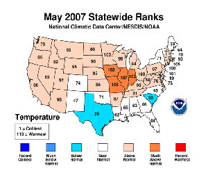NOAA image of May 2007 statewide temperature rankings.
