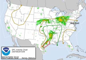 NOAA image of weather outlook for April 25, 2007, from the NOAA Storm Prediction Center.