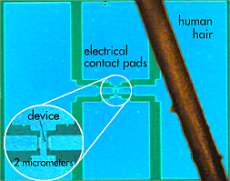 size comparison, NIST micro-oscillator with human hair