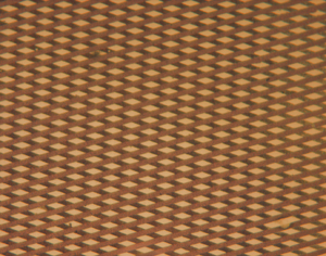 Copper contacts attached to molecular electronic molecules using the NIST patented process faithfully follow even relatively complex patterning of the target molecules with few or no extraneous deposits on the substrate. Here, a cross-hatched pattern of 10-micrometer wide copper lines has been applied to underlying organic electronic molecules deposited by contact printing.