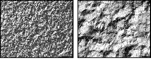 These optical micrographs show two surfaces with the same average roughness values but dramatically different surface topographies.
