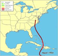 Click for a larger map of Hurricane Hazel 1954
