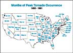 US map showing months of peak tornado occurrence per stste