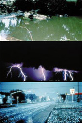  photo collage of flood waters, night time lightning and a street covered with hail