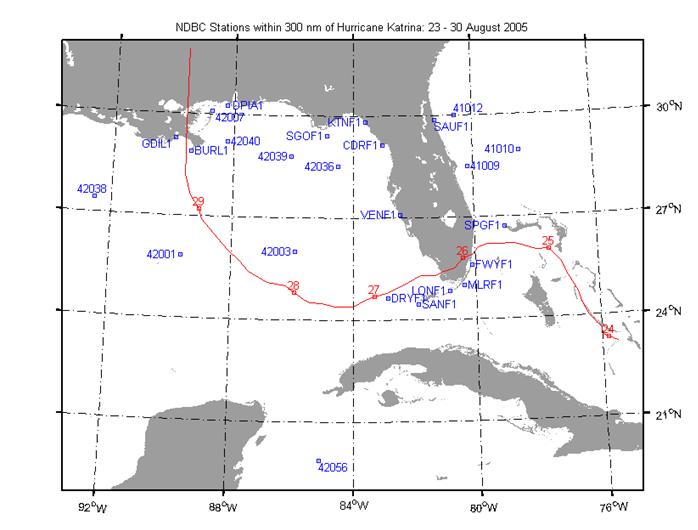 Map showing track of Katrina and nearby stations