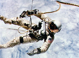 Astronaut Ed White conducts the first U.S. spacewalk