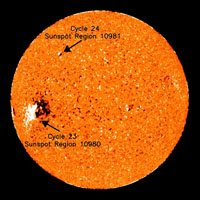 The first official sunspot belonging to the new Solar Cycle 24 is shown in the northeast quadrant of the Sun. The large sunspot region just south of the equator is part of the waning Solar Cycle 23. (Image courtesy of National Solar Observatory, Mauna Loa, Hawaii.).