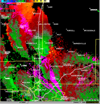 National Weather Service doppler radar image showing tornado-producing supercell thunderstorm near Windsor, Colorado on May 22, 2008.