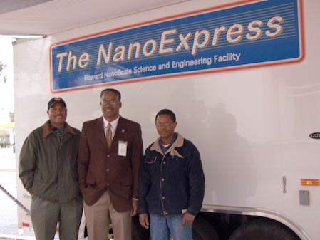 Tony Gomez of the Howard Vacuum Technology Dept.; Dr. Gary L. Harris, director of the Howard Nanoscale Science and Engineering Facility; and Nicholas Monyenye, Howard graduate student in electrical engineering, brought the NanoExpress to the National Science Foundation in late October.