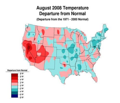 map of temperature departures from normal