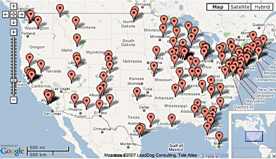Map of the United States with tear-drop symbols for  	Big Read locations across the country