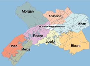 Map showing the eight-county area surrounding the Oak Ridge Reservation.